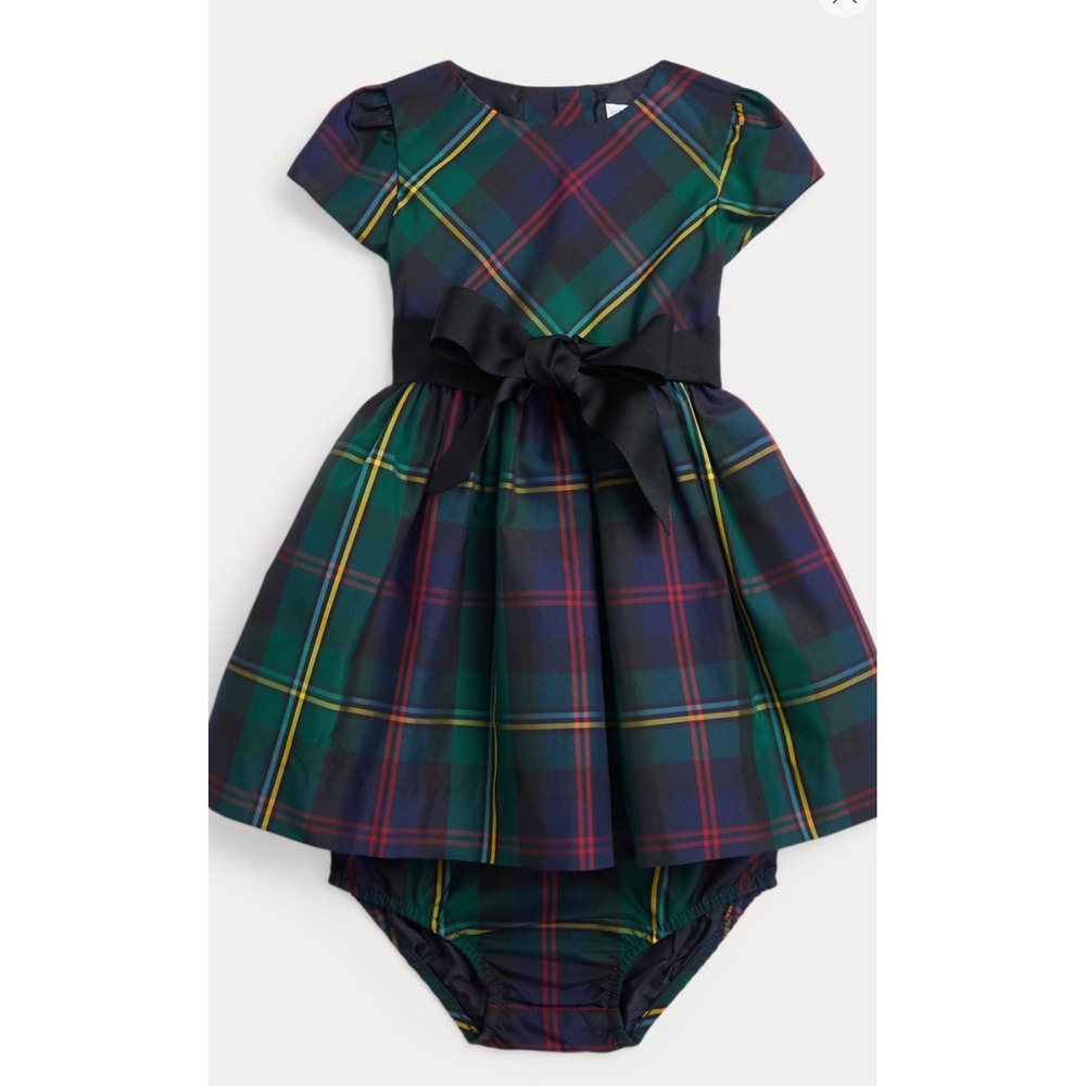 Ralph Lauren Plaid Dress Kids 9M Green Holiday Tartan 2-Piece Set